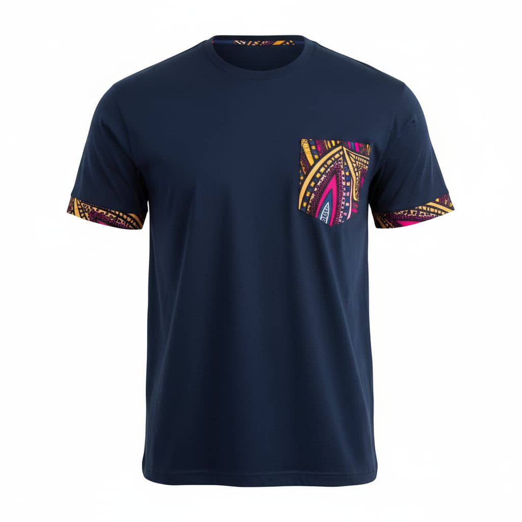 Heritage Navy Blue with Ankara Pocket & Cuffs | Geometric Tribal Print